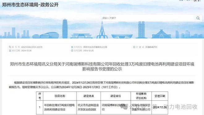 锂电池回收利用项目落地OG真人河南郑州3万吨